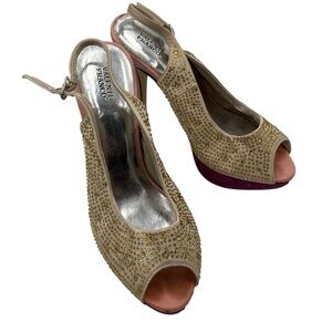 Valenti Franco Camilla-3 Gold Rhinestone Peep Toe Platform Heels Size 6